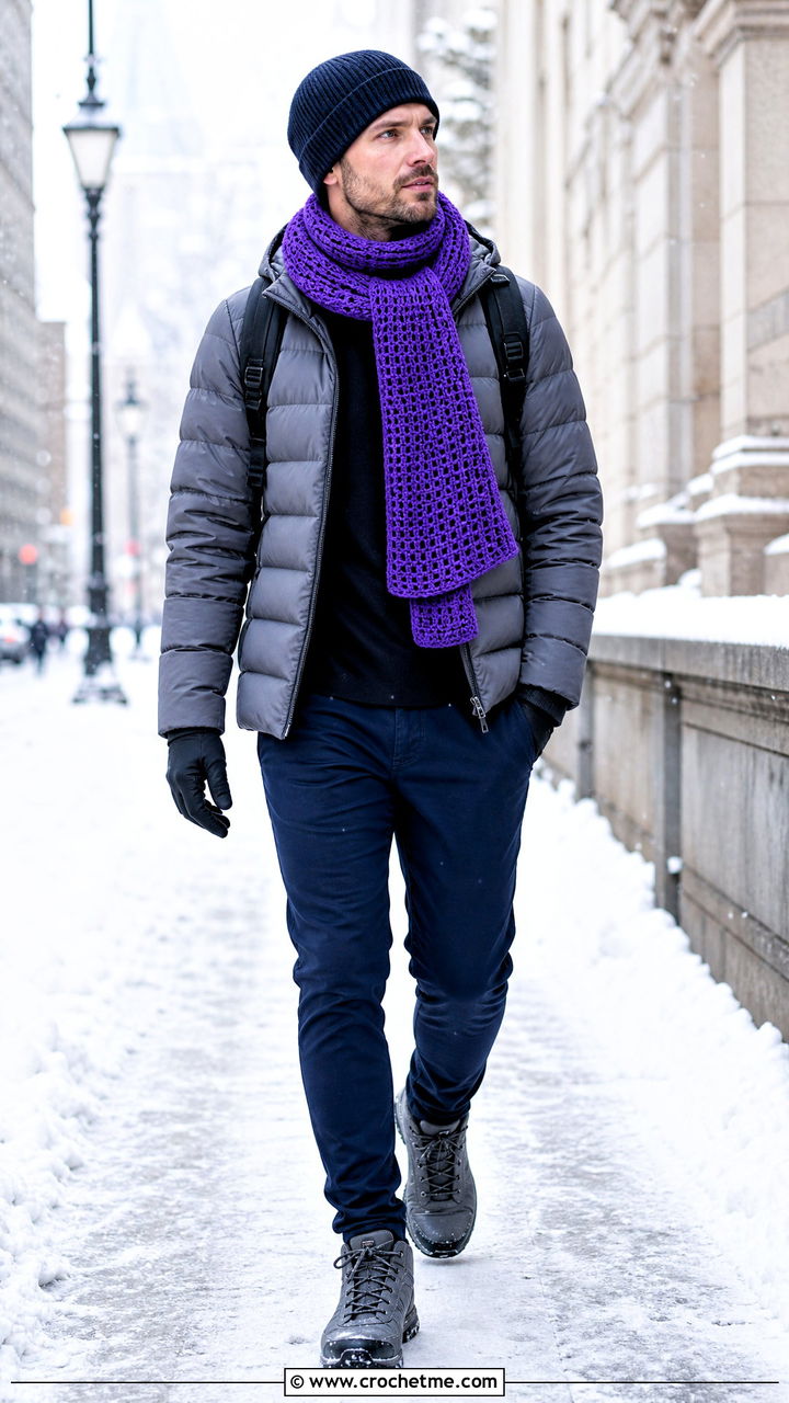 Waffle Stitch Crochet Scarf With Puffer Jacket - 35 crochet scarf for men outfit ideas