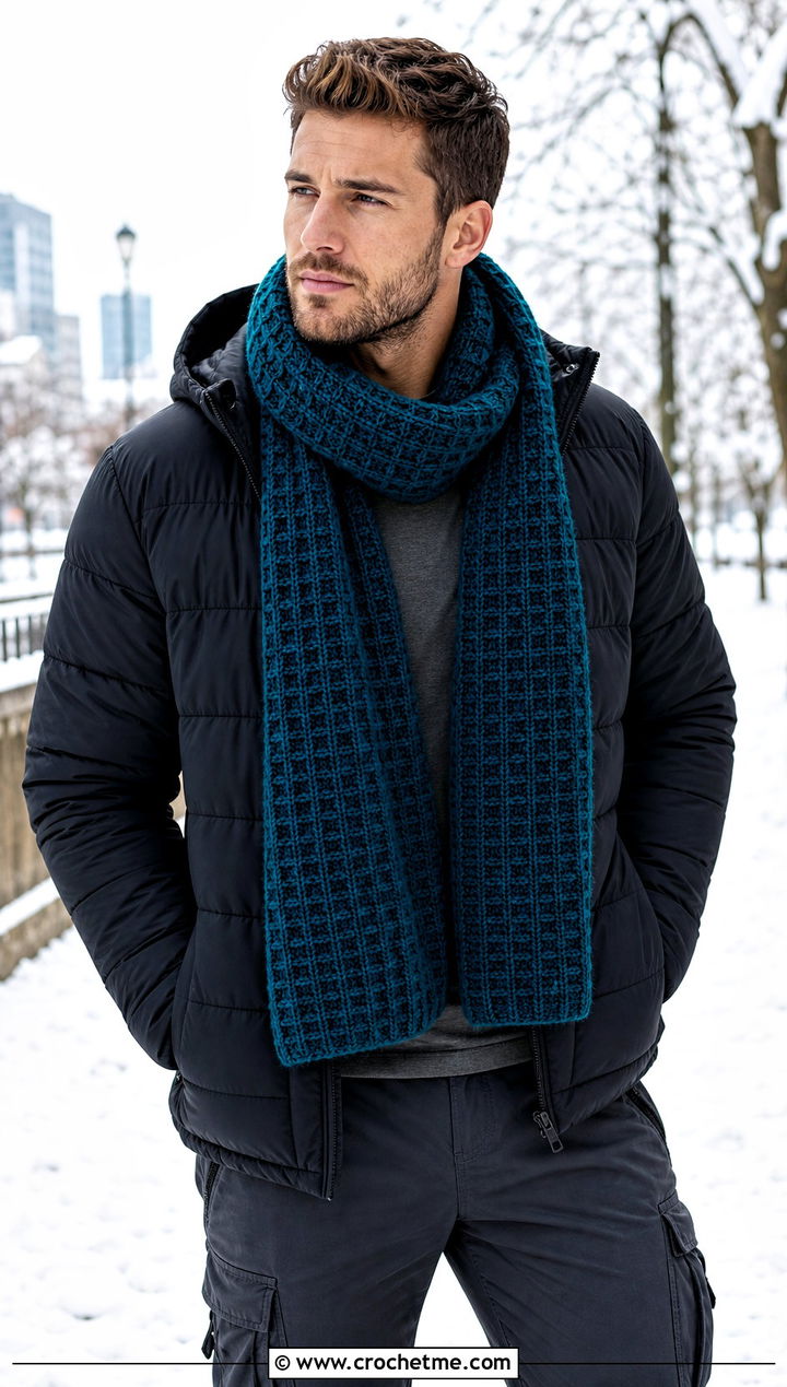 Waffle Stitch Crochet Scarf With Puffer Jacket - 15 crochet stitch for mens scarf outfit ideas