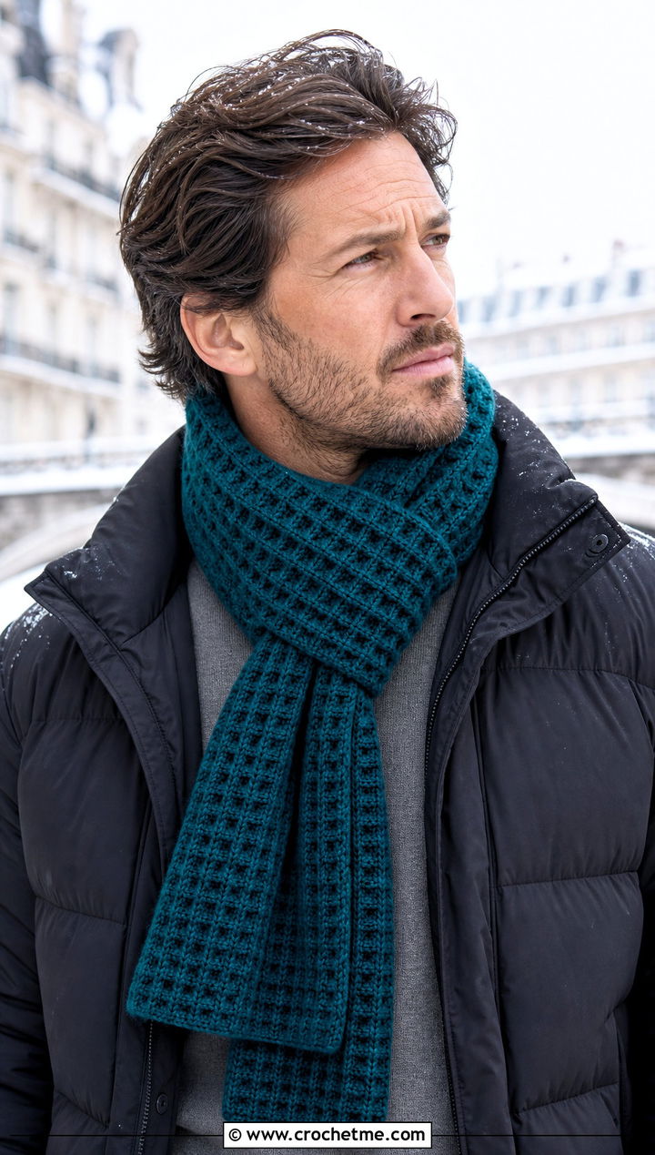Waffle Stitch Crochet Scarf With Puffer Jacket - 30 Mens Crochet Scarf outfit ideas