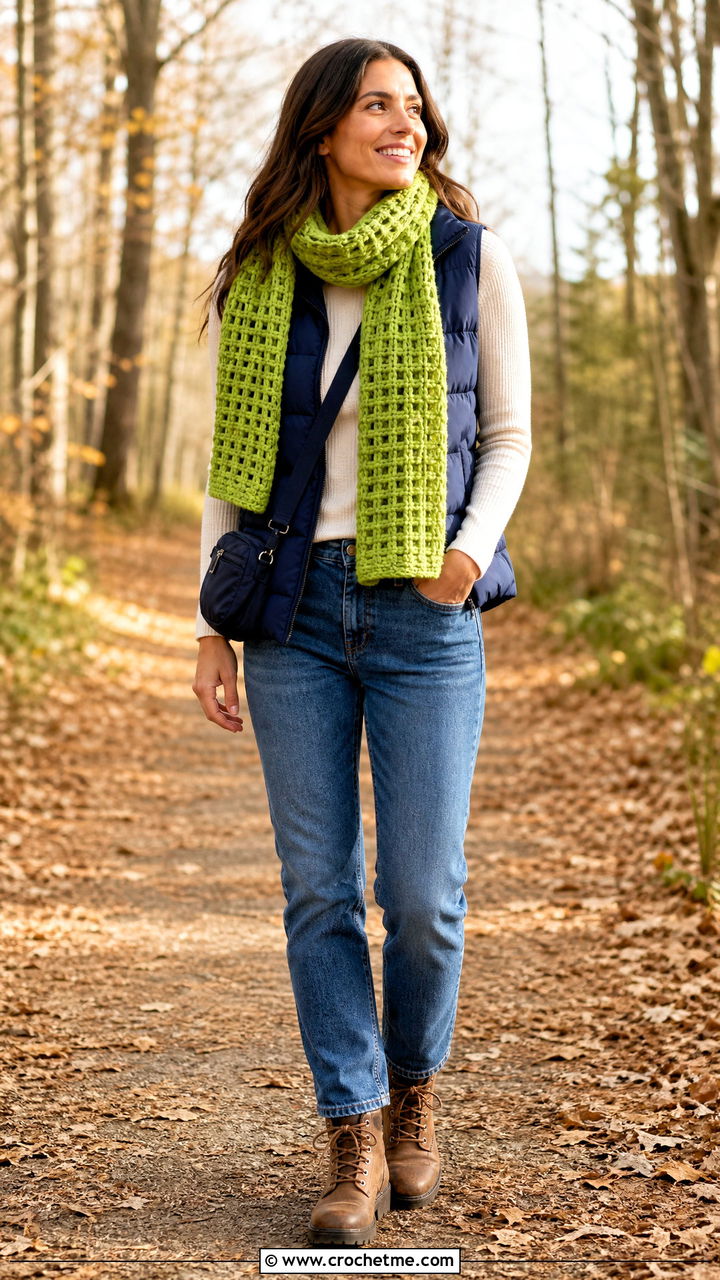 Waffle Stitch Crochet Scarf With Puffer Vest - 35 crochet scarf ideas