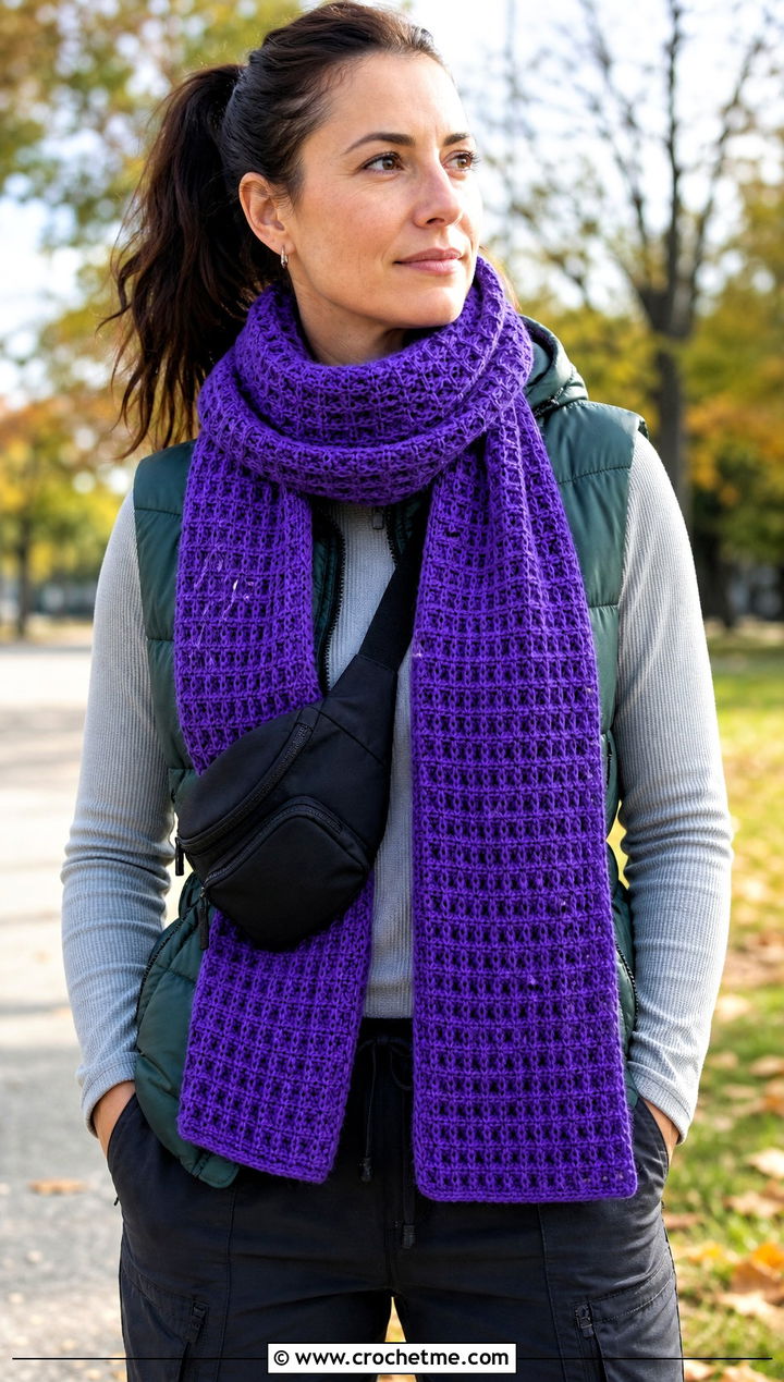 Waffle Stitch Crochet Scarf With Puffer Vest - 15 Textured Crochet Scarf Design outfit ideas