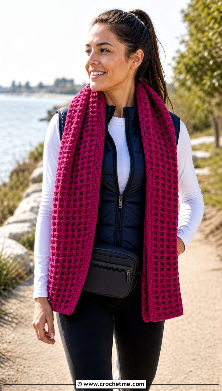 Waffle Stitch Crochet Scarf With Puffer Vest - 30 unique crochet scarf outfit ideas