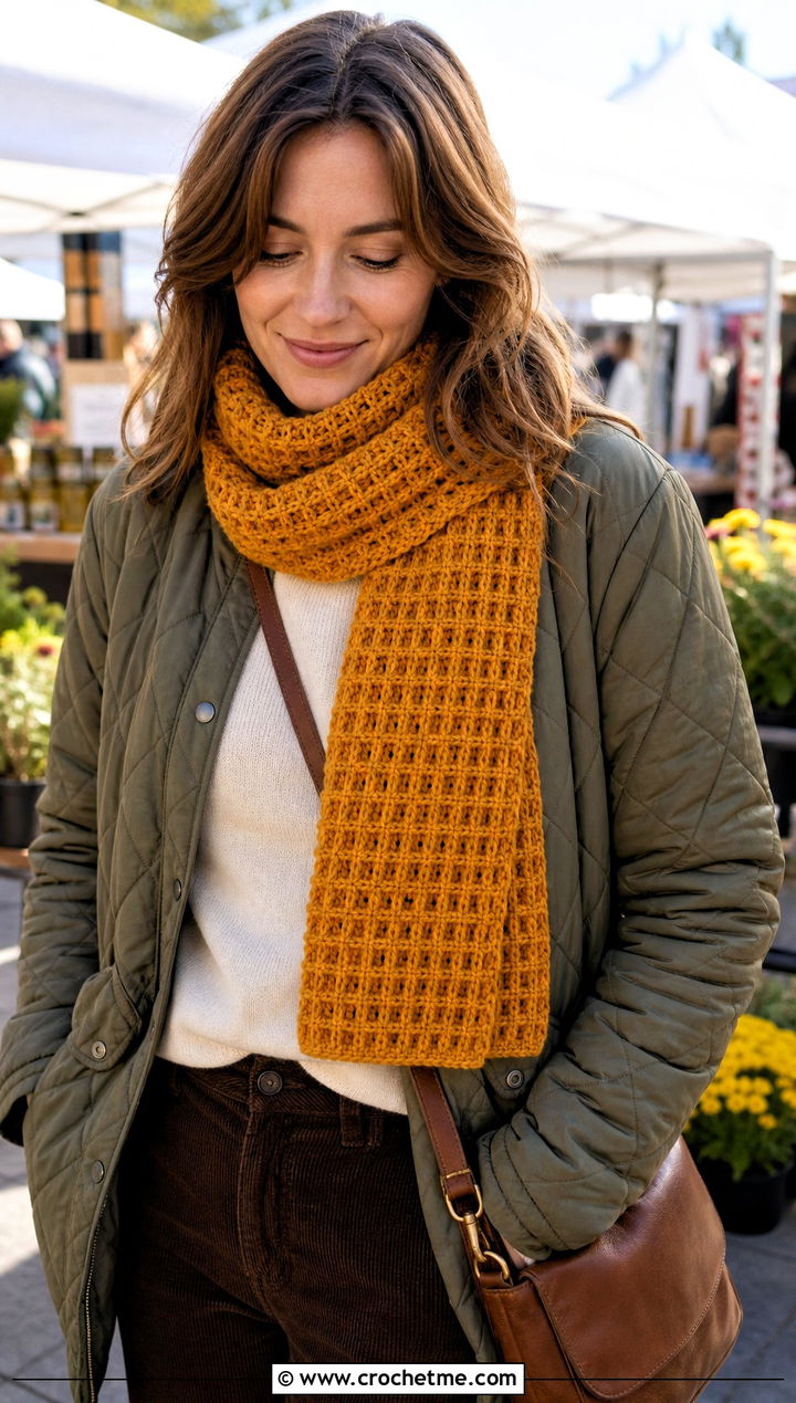 Waffle Stitch Crochet Scarf With Quilted Jacket - 25 Crochet For Beginners Scarf outfit ideas