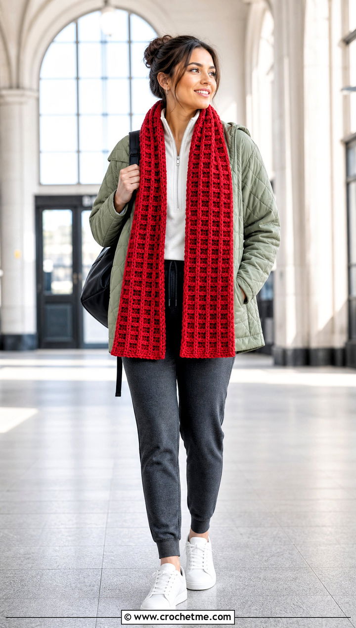 Waffle Stitch Crochet Scarf With Quilted Jacket - 35 Winter Crochet Scarfs For Women outfit ideas