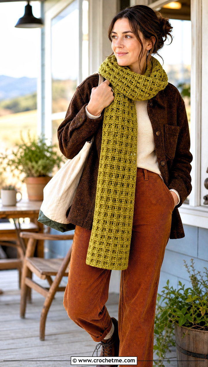 Waffle Stitch Crochet Scarf With Shacket - 30 bulky crochet scarf outfit ideas