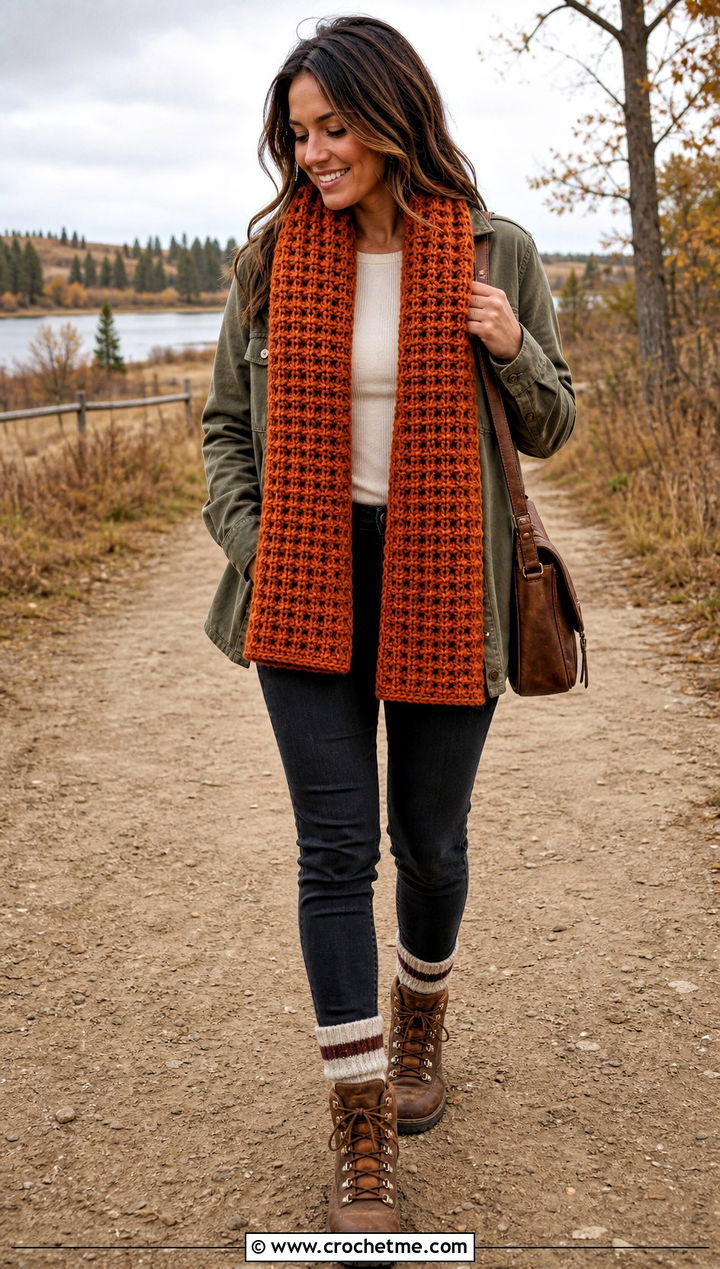 Waffle Stitch Crochet Scarf With Shacket - 35 crocheted scarf outfit ideas