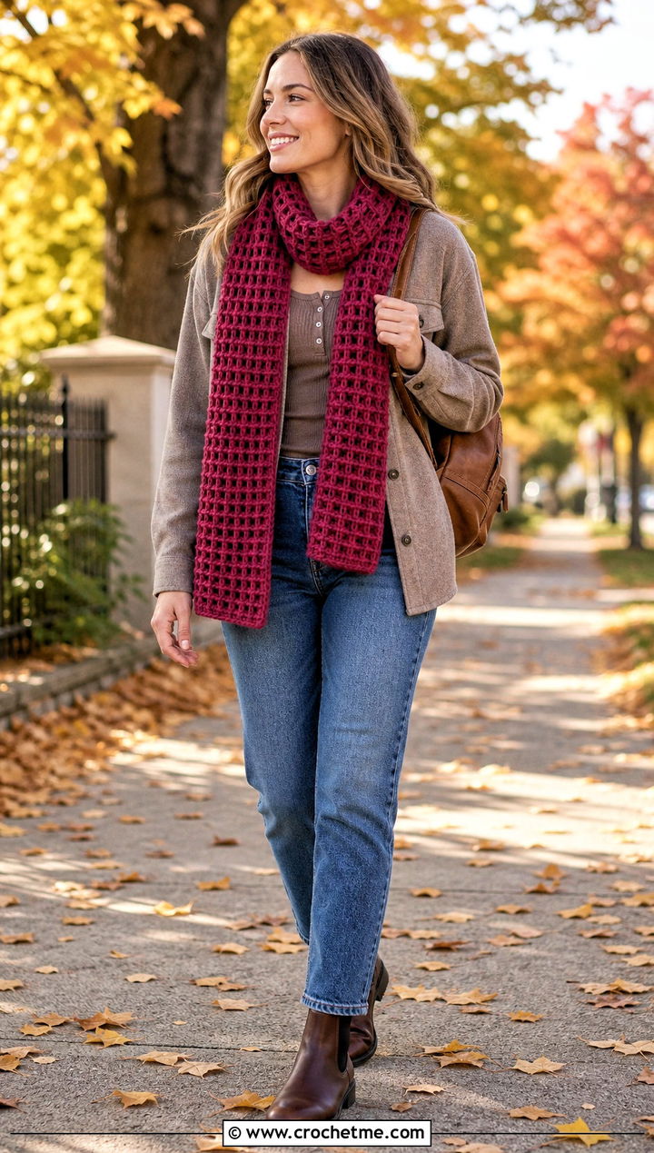 Waffle Stitch Crochet Scarf With Shacket - 35 cute crochet scarf outfit ideas