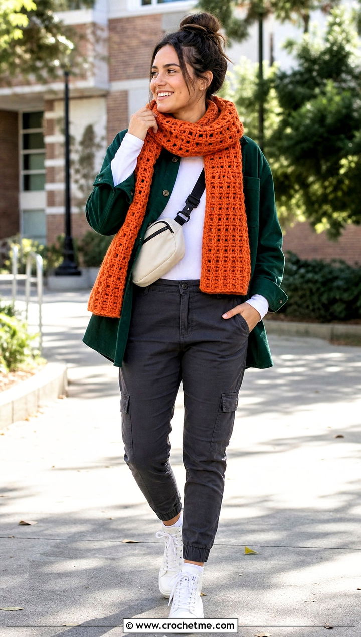 Waffle Stitch Crochet Scarf With Shacket - 35 fall crochet scarf outfit ideas
