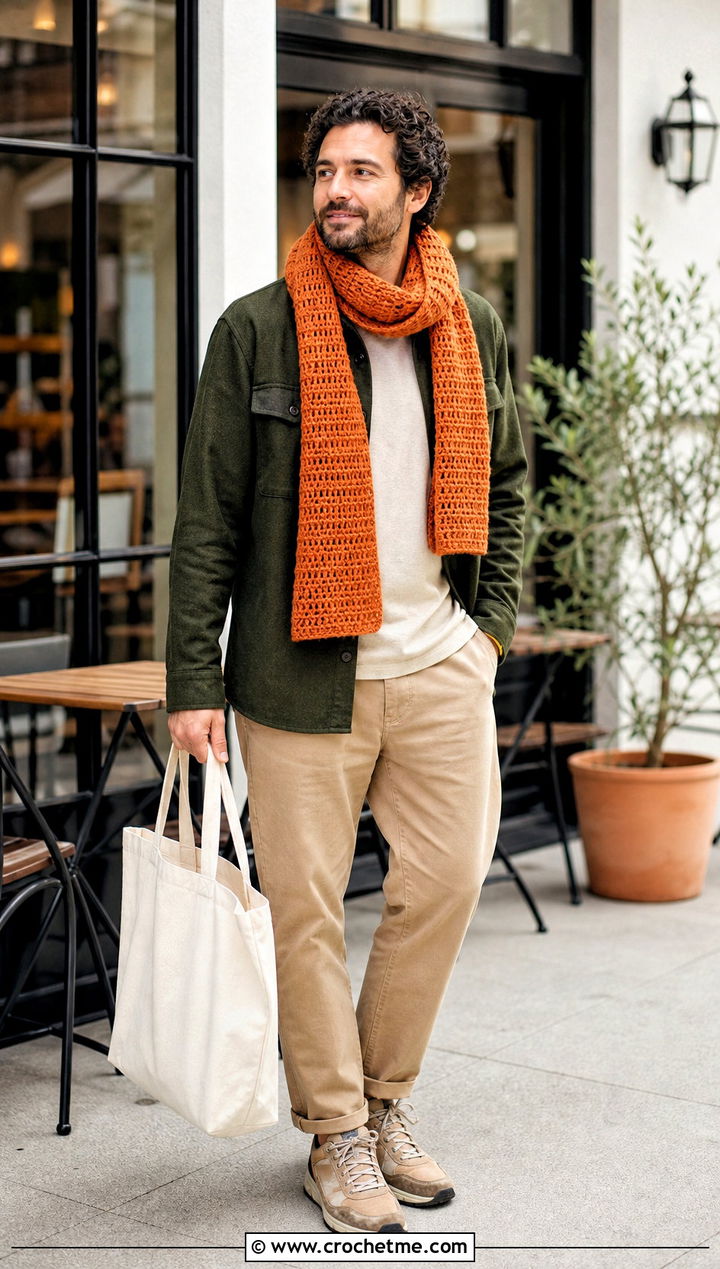 Waffle Stitch Crochet Scarf With Shacket - 35 men crochet scarf outfit ideas