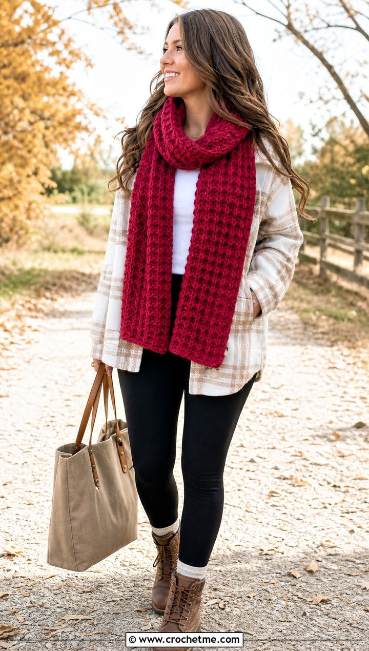Waffle Stitch Crochet Scarf With Shacket - 25 crochet scarf design ideas