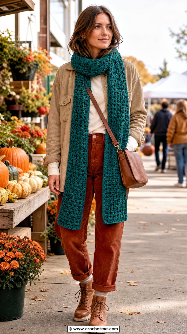 Waffle Stitch Crochet Scarf With Shacket And Corduroy Pants - 35 simple crochet scarf outfit ideas