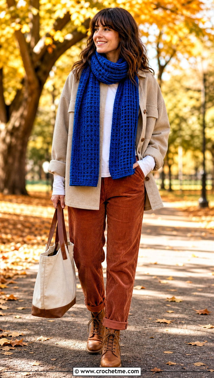 Waffle Stitch Crochet Scarf With Shacket And Corduroy Pants - 35 easy crochet scarf for beginners outfit ideas