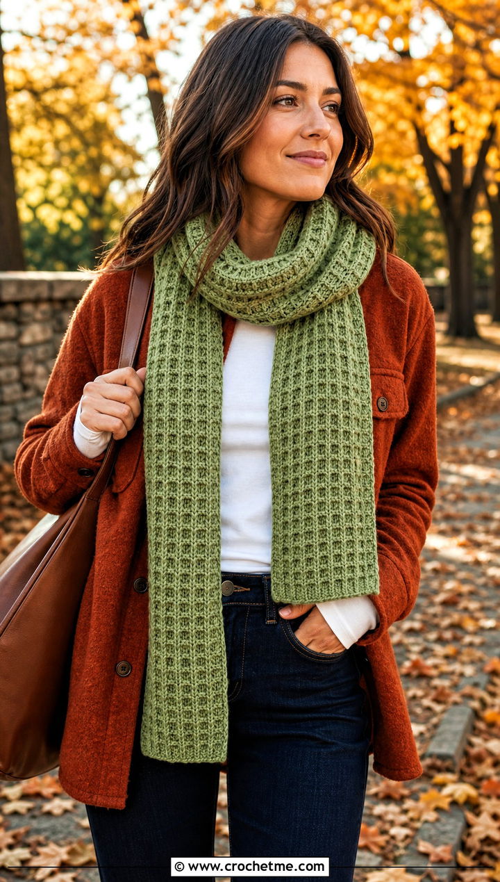 Waffle Stitch Crochet Scarf With Shacket And Jeans - 20 Crochet Scarf For Beginners outfit ideas
