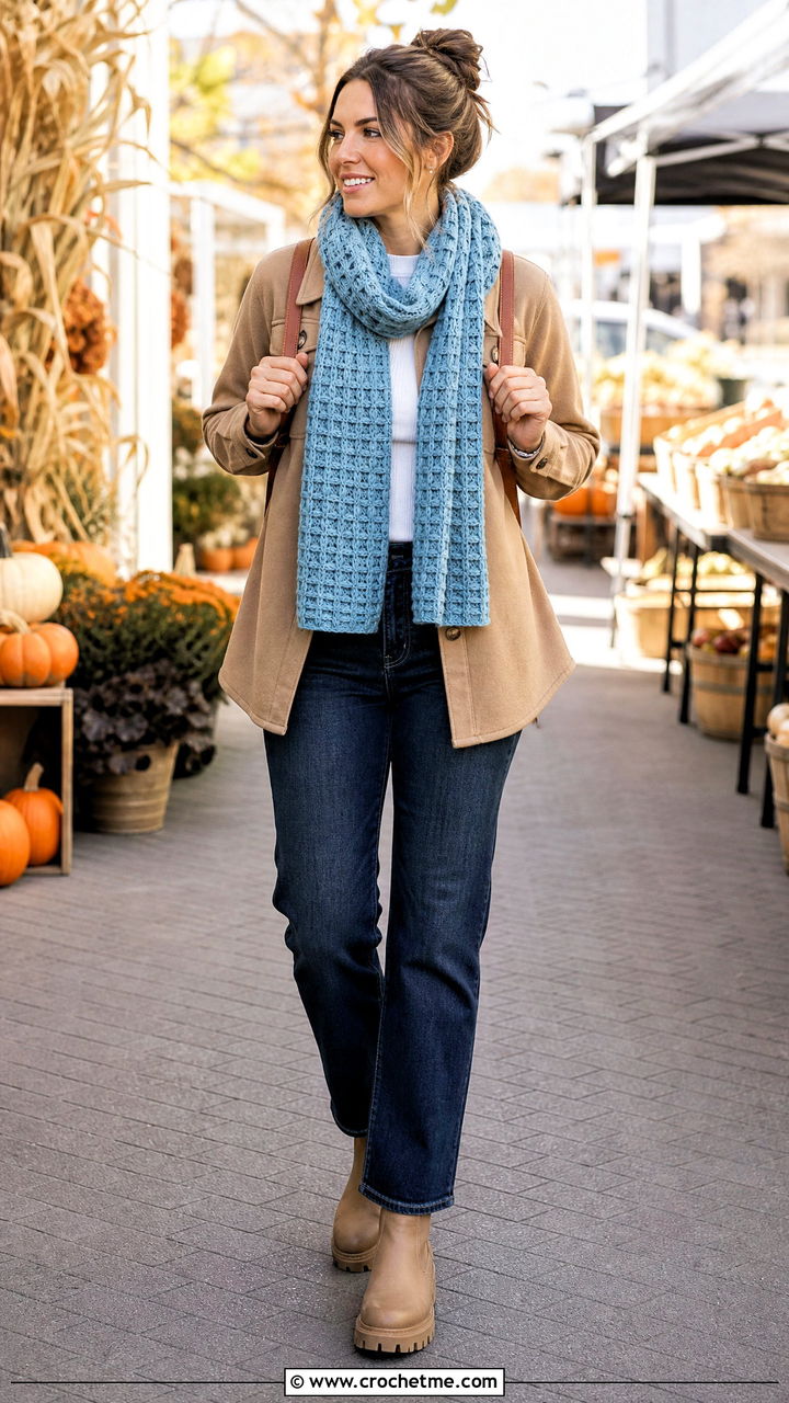 Waffle Stitch Crochet Scarf With Shacket And Jeans - 35 easy crochet scarf outfit ideas