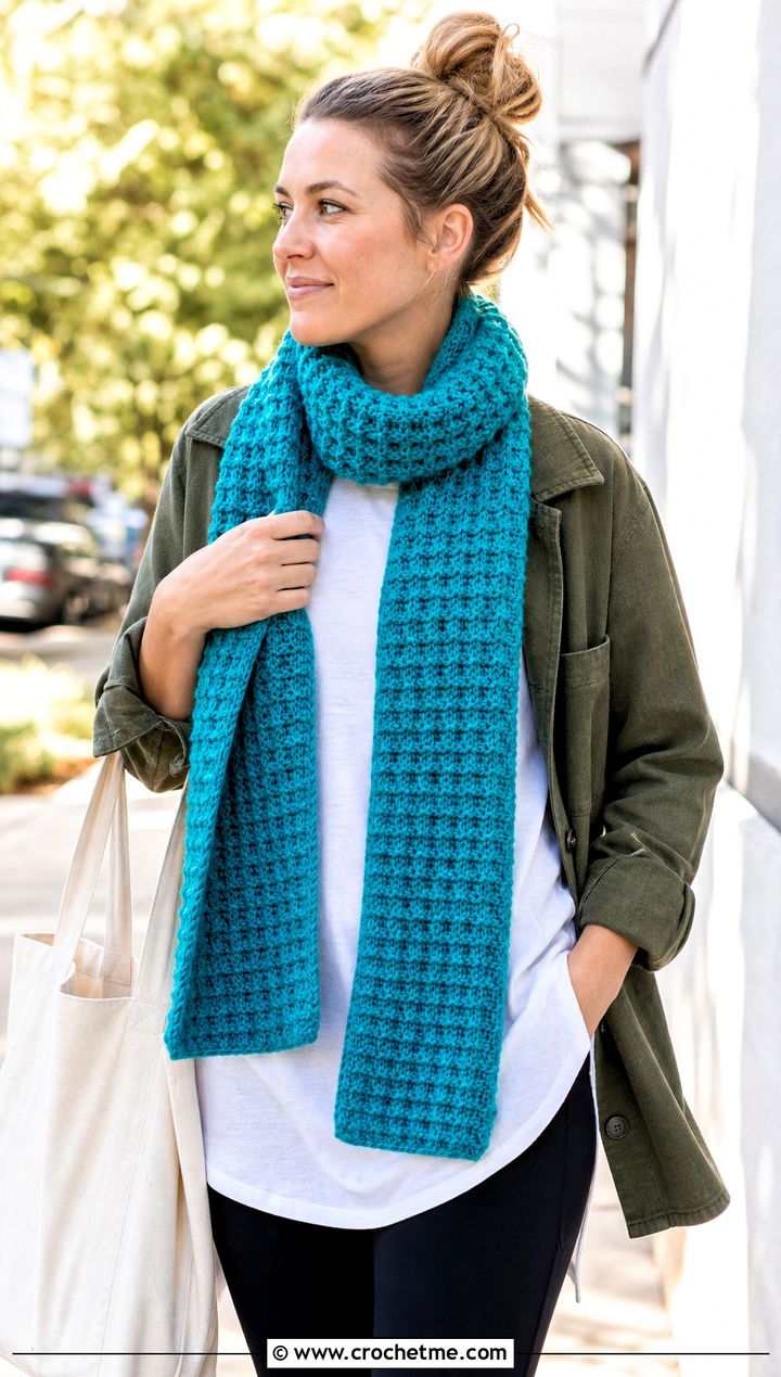 Waffle Stitch Crochet Scarf With Shacket And Leggings - 25 Quick And Easy Crochet Scarf outfit ideas