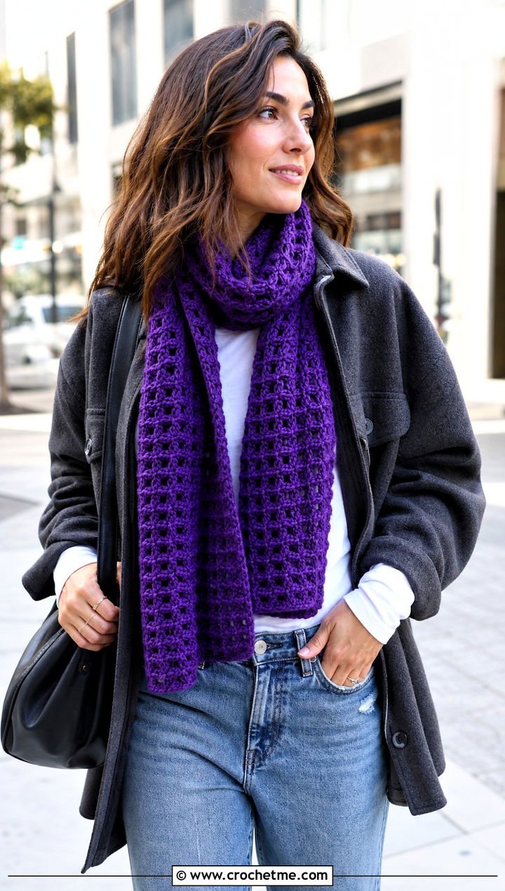 Waffle Stitch Crochet Scarf With Shacket - 30 autumn crochet scarf outfit ideas