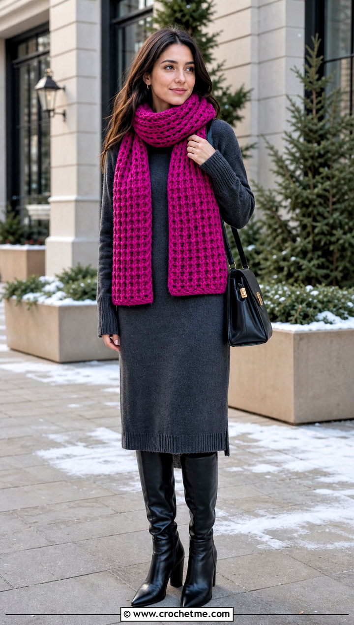 Waffle Stitch Crochet Scarf With Sweater Dress - 35 crochet scarves outfit ideas