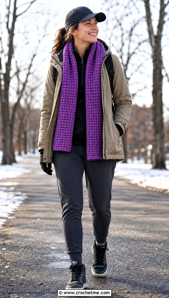 Waffle Stitch Crochet Scarf With Utility Jacket and Joggers - 35 Winter Crochet Scarf outfit ideas