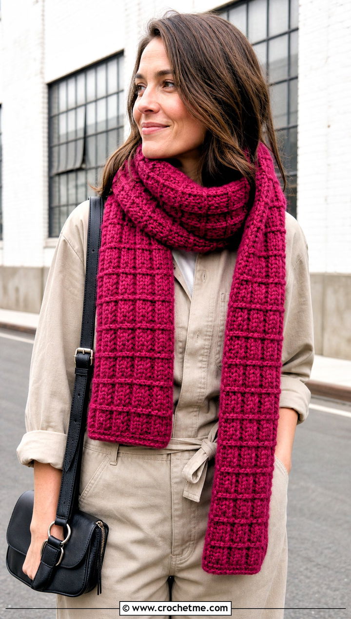 Waffle Stitch Crochet Scarf With Utility Jumpsuit - 35 fun crochet scarf outfit ideas