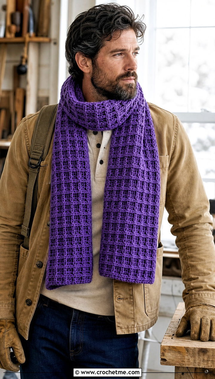 Waffle Stitch Crochet Scarf With Workwear Jacket - 20 Mens Winter Crochet Scarf outfit ideas