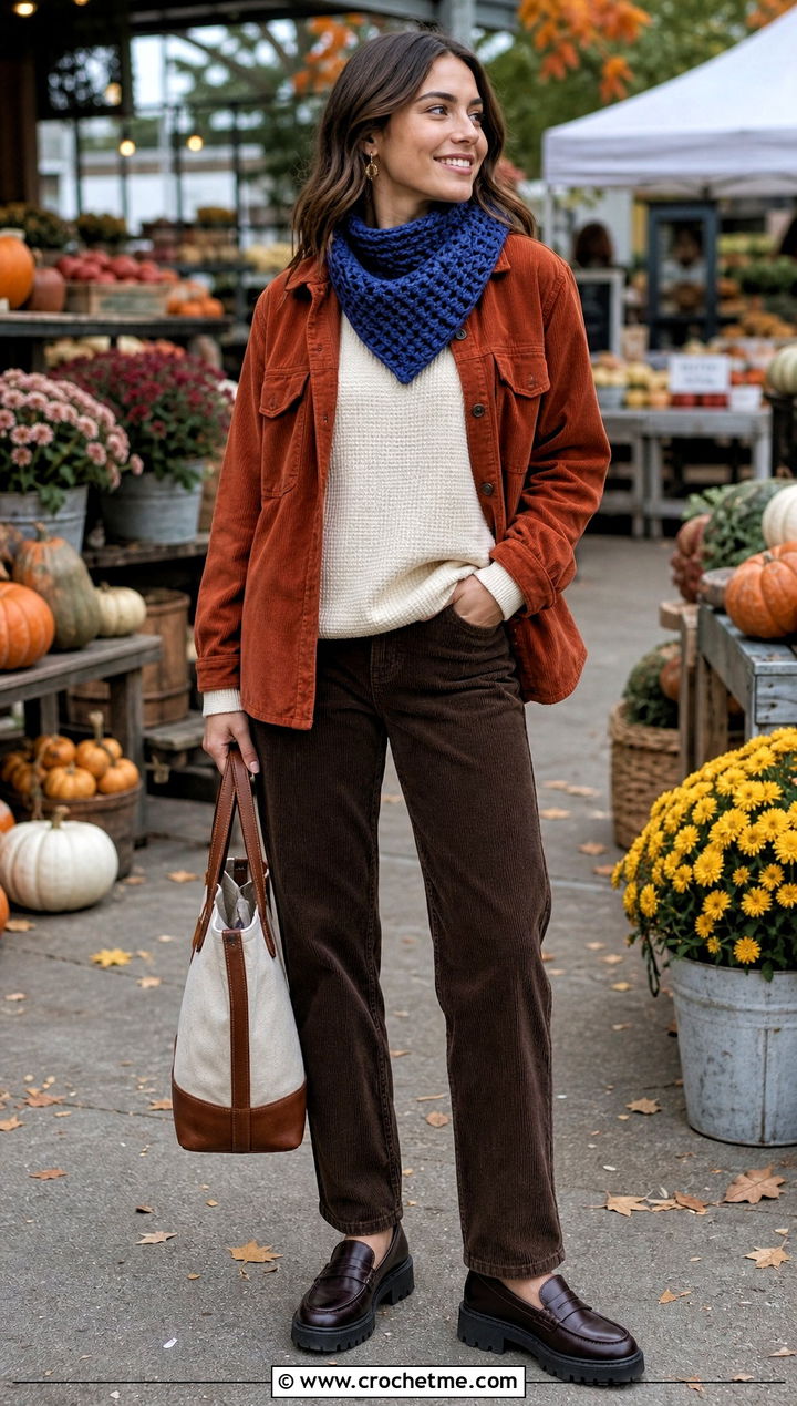 Waffle Stitch Crochet Scarflet With Shacket And Corduroy Pants - 35 crochet mini scarf outfit ideas
