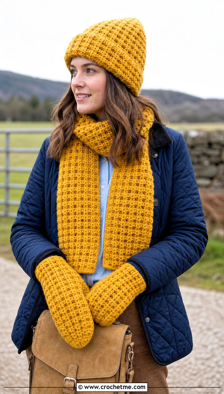 Waffle Stitch Crochet Set With Quilted Jacket - 20 Crochet Hat Mittens Scarf Set outfit ideas