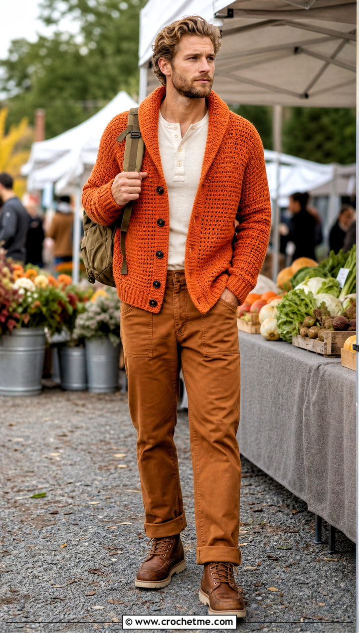 Waffle Stitch Crochet Shawl Collar Cardigan With Work Pants - 20 Mens Crochet Shawl Collar Cardigan outfit ideas