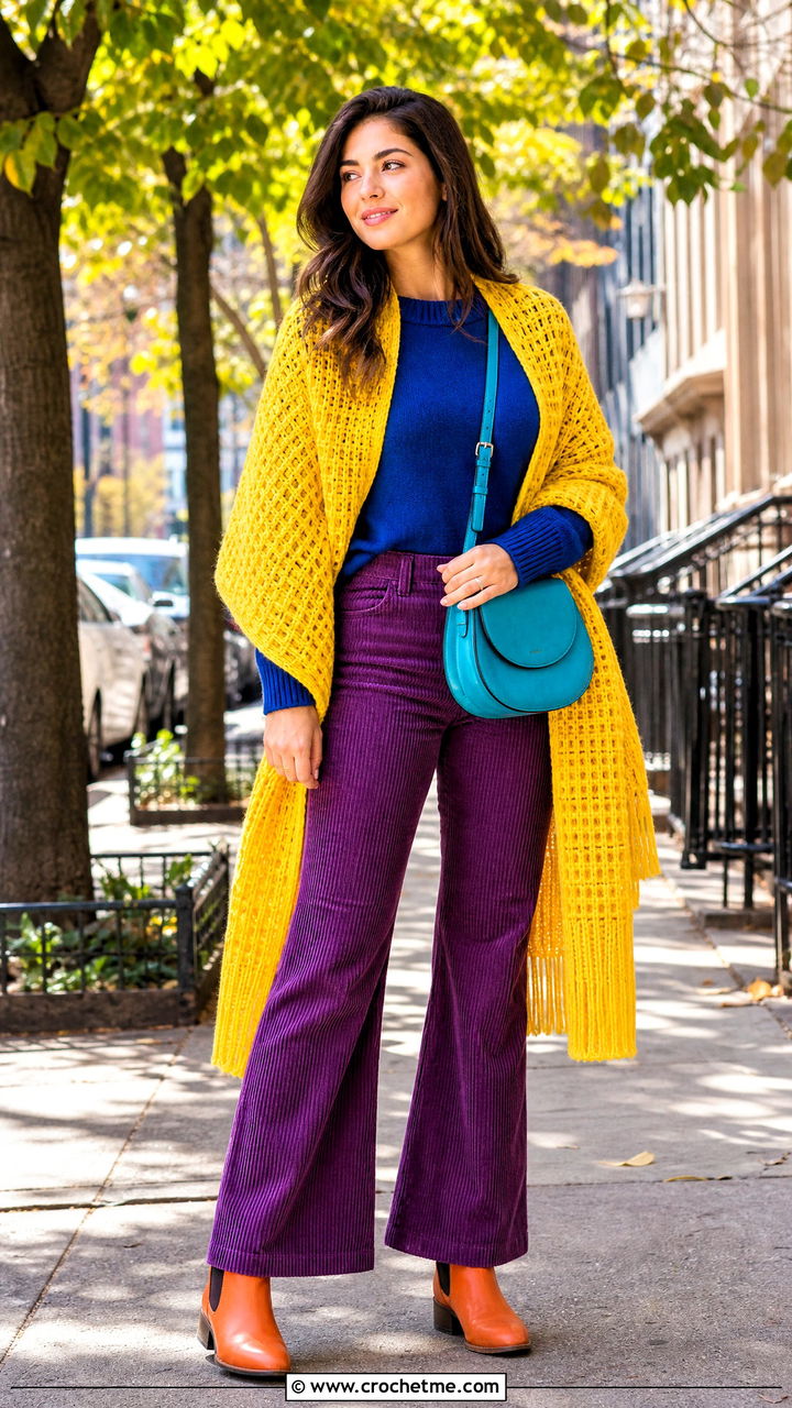 Waffle Stitch Crochet Shawl With Corduroy Pants - 35 crochet shawl outfit ideas