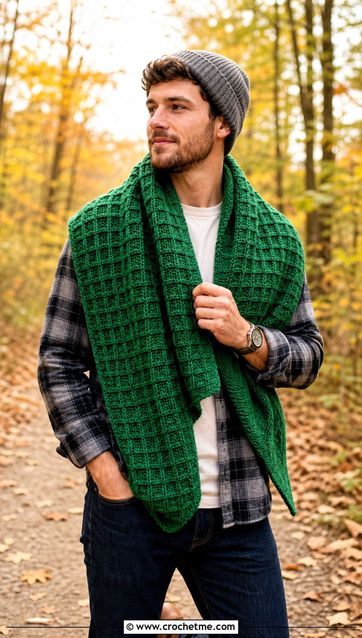 Waffle Stitch Crochet Shawl With Flannel Shirt - 30 crochet shawl for men outfit ideas