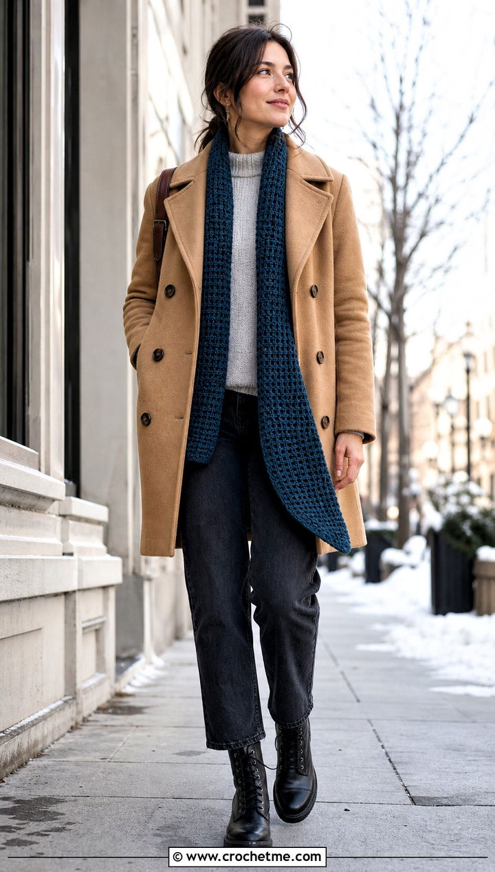 Waffle Stitch Crochet Shawl With Peacoat And Straight Jeans - 35 easy crochet shawl outfit ideas