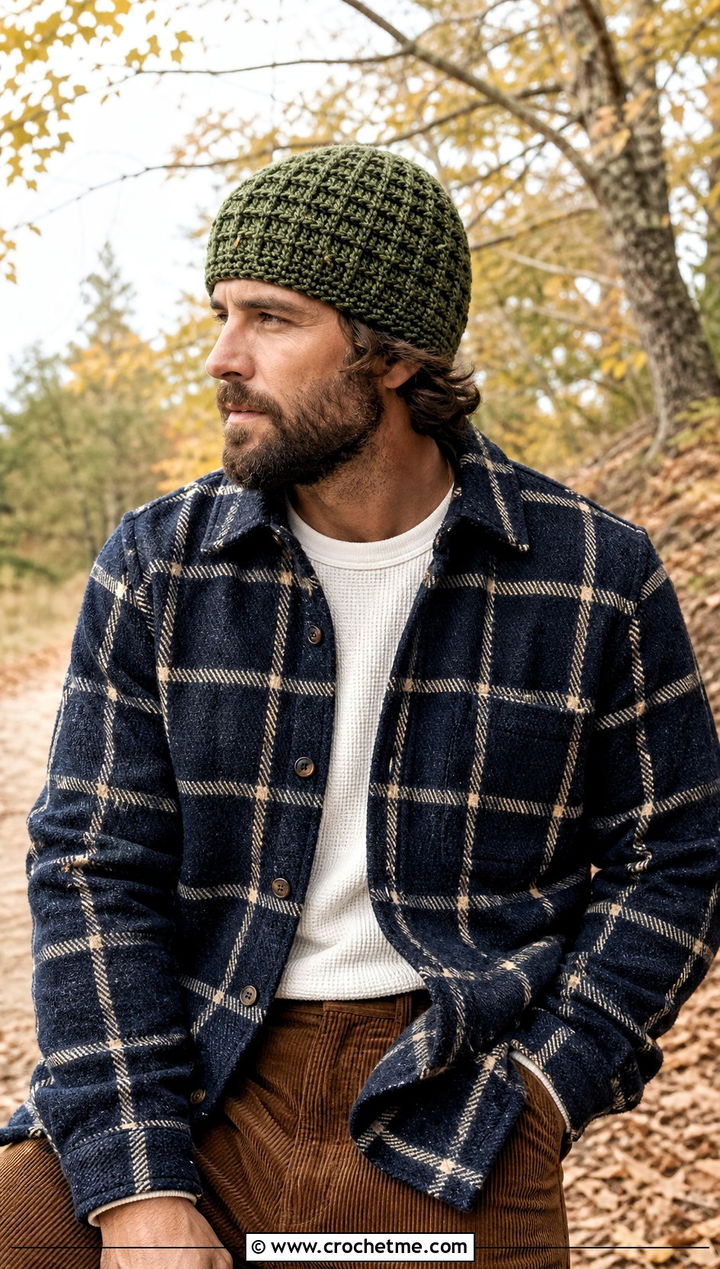 Waffle Stitch Crochet Skull Cap With Flannel Shirt And Corduroy Pants - 25 Crochet Skull Cap For Men outfit ideas