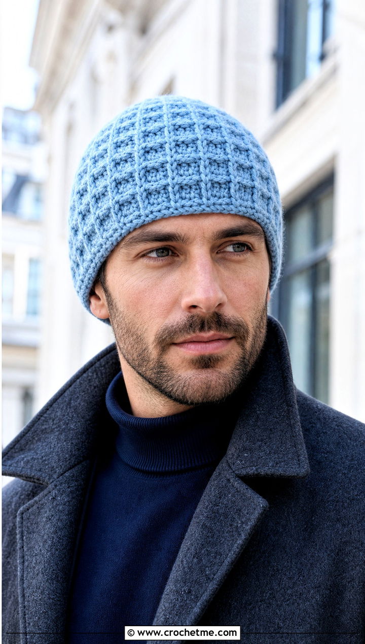 Waffle Stitch Crochet Skull Cap With Wool Overcoat And Knitwear - 25 Mens Crochet Skull Cap outfit ideas