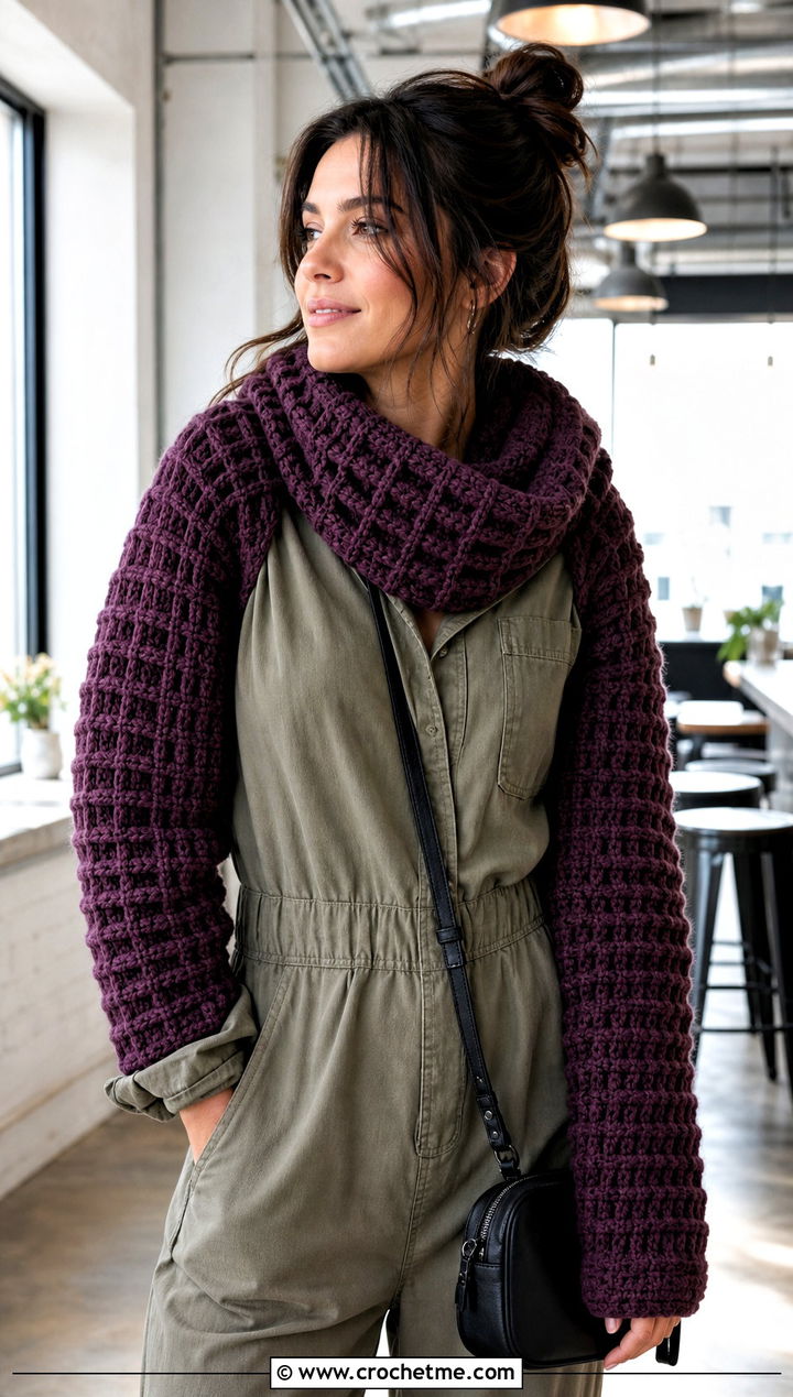 Waffle Stitch Crochet Sleeve Scarf With Utility Jumpsuit - 30 crochet sleeve scarf outfit ideas