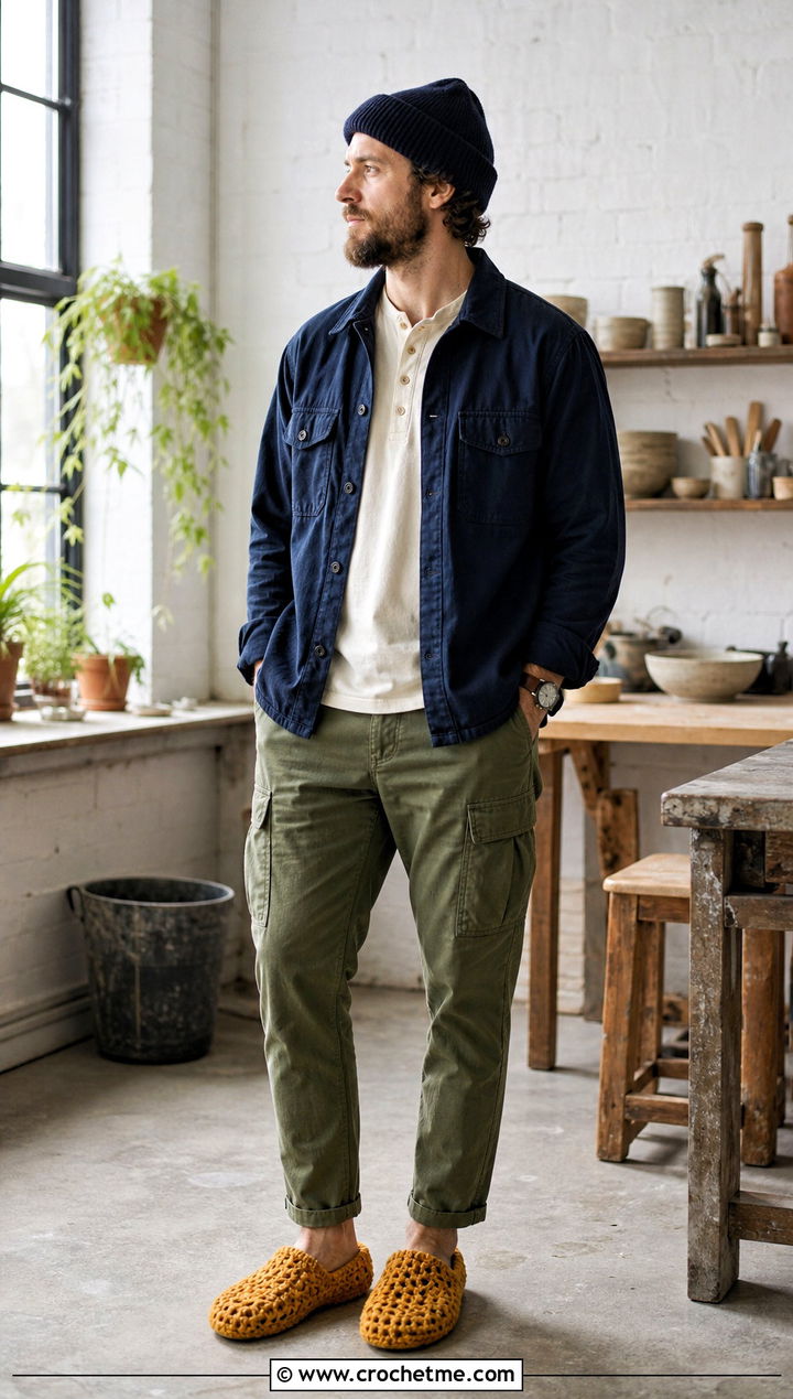 Waffle Stitch Crochet Slippers With Henley and Cargo Pants - 35 mens crochet slippers outfit ideas
