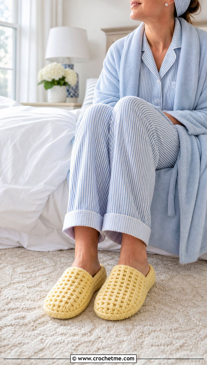 Waffle Stitch Crochet Slippers With Matching Pajamas - 35 easy crochet slippers outfit ideas
