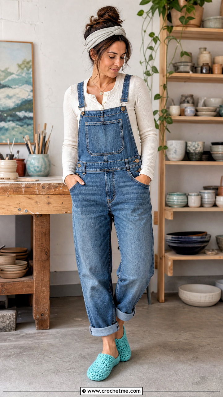 Waffle Stitch Crochet Slippers With Overalls and a Henley - 35 easy crochet slippers adult outfit ideas
