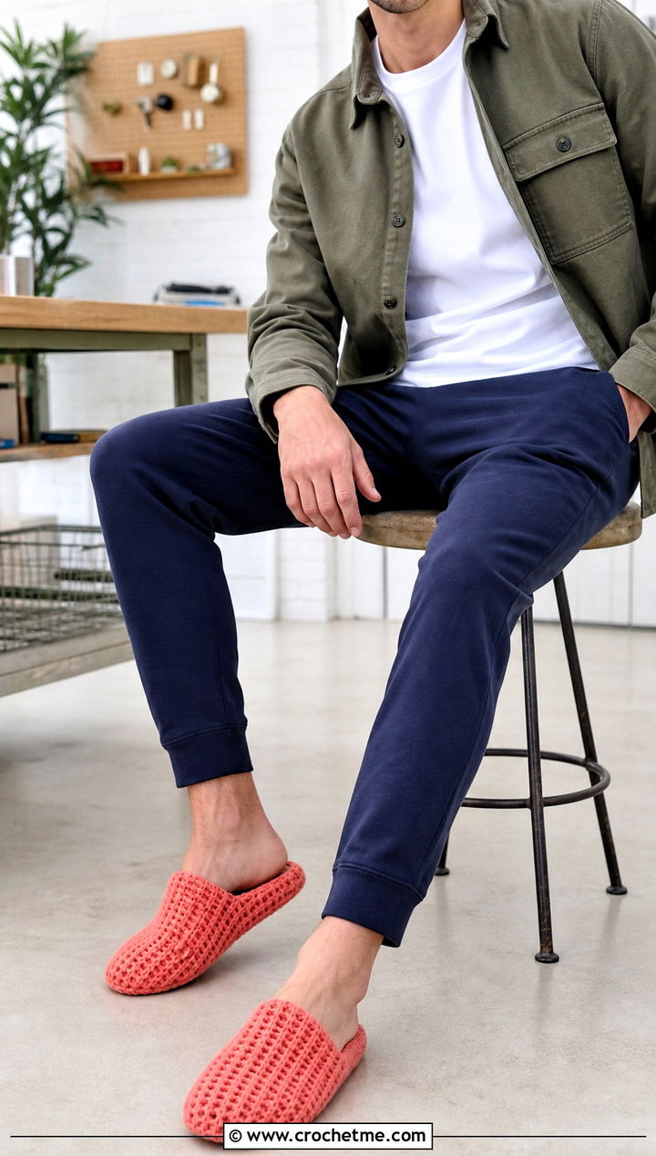 Waffle Stitch Crochet Slippers With Shacket And Sweatpants - 30 easy mens crochet slippers outfit ideas