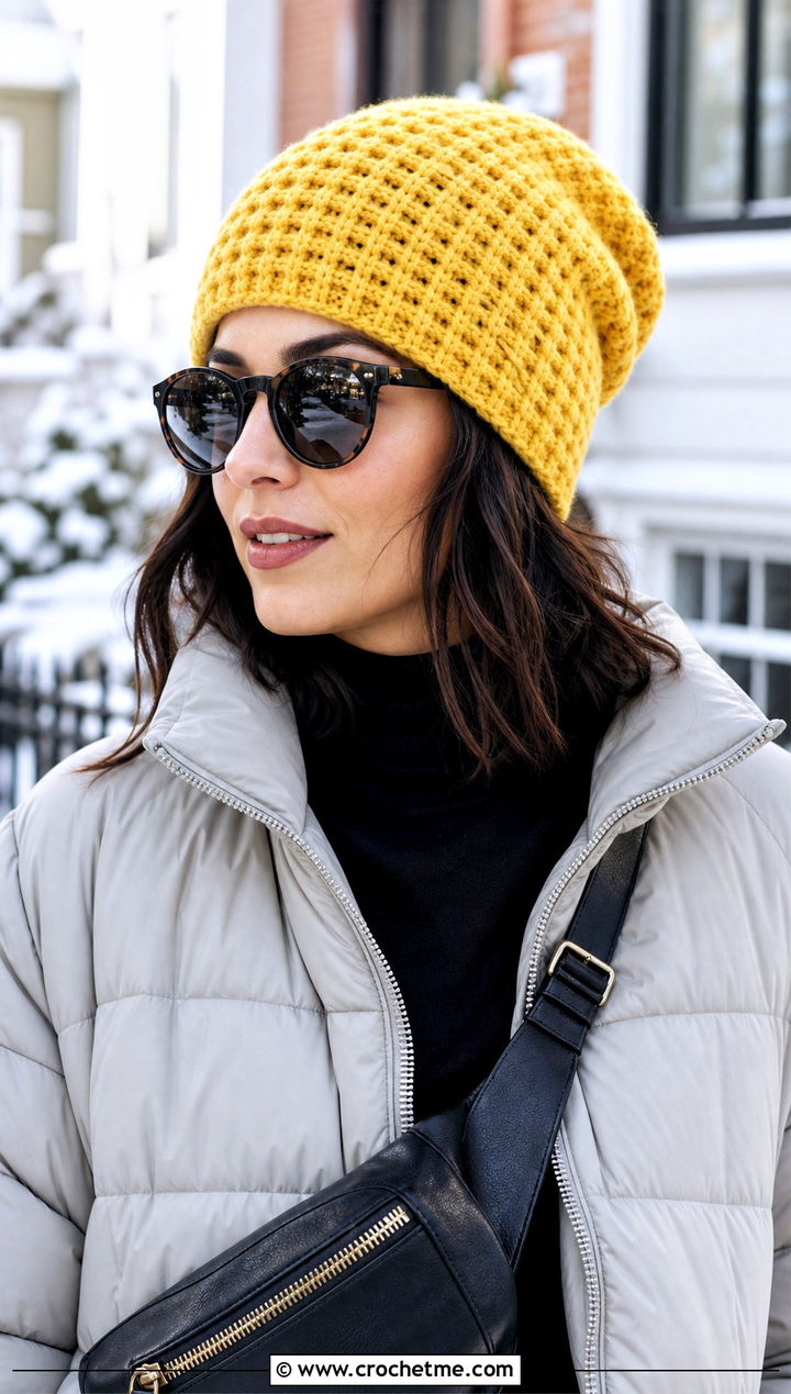 Waffle Stitch Crochet Slouch Beanie With Puffer Jacket - 35 crochet slouch beanie outfit ideas