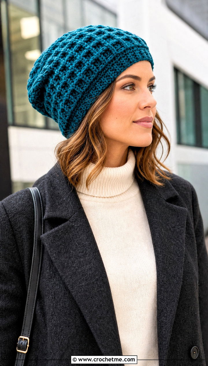 Waffle Stitch Crochet Slouch Hat With Wool Coat And Trousers - 25 easy crochet slouch hat outfit ideas