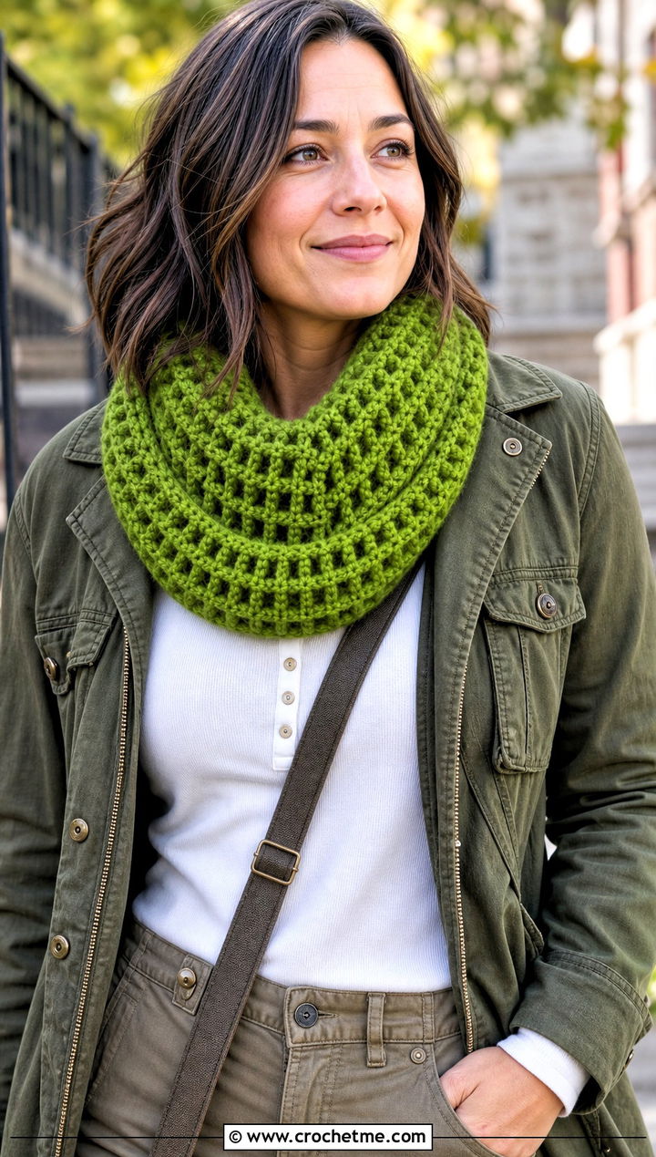 Waffle Stitch Crochet Snood Cowl With Utility Jacket - 20 crochet snood cowl outfit ideas