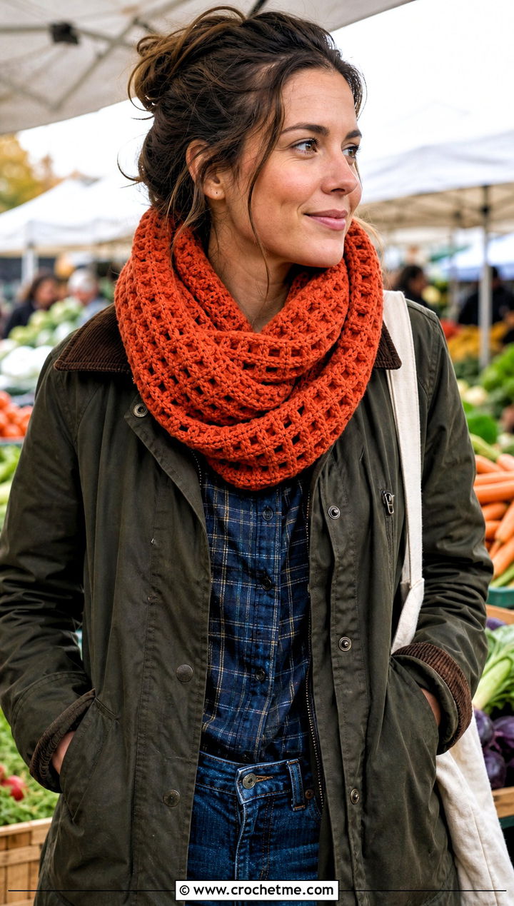 Waffle Stitch Crochet Snood Scarf With Barn Jacket - 25 snood crochet scarf outfit ideas