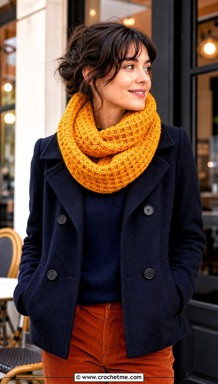 Waffle Stitch Crochet Snood Scarf With Corduroy Pants - 25 crochet snood scarf outfit ideas