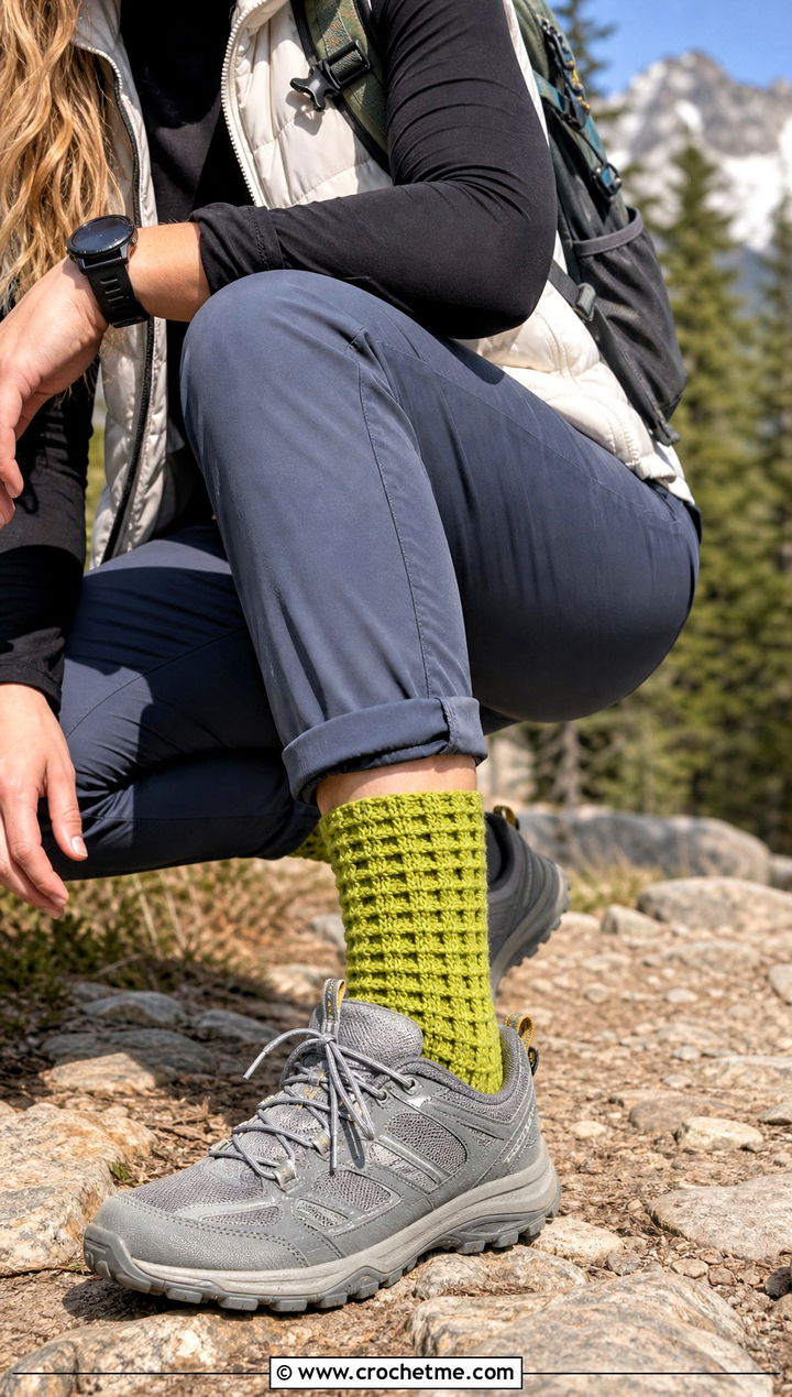 Waffle Stitch Crochet Socks With Puffer Vest And Hiking Pants - 25 men's crochet socks outfit ideas