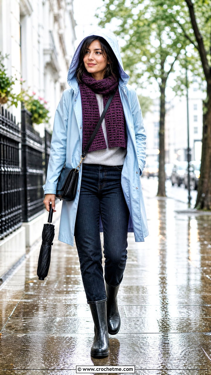 Waffle Stitch Crochet Sophie Scarf With Raincoat And Straight Jeans - 35 crochet sophie scarf outfit ideas