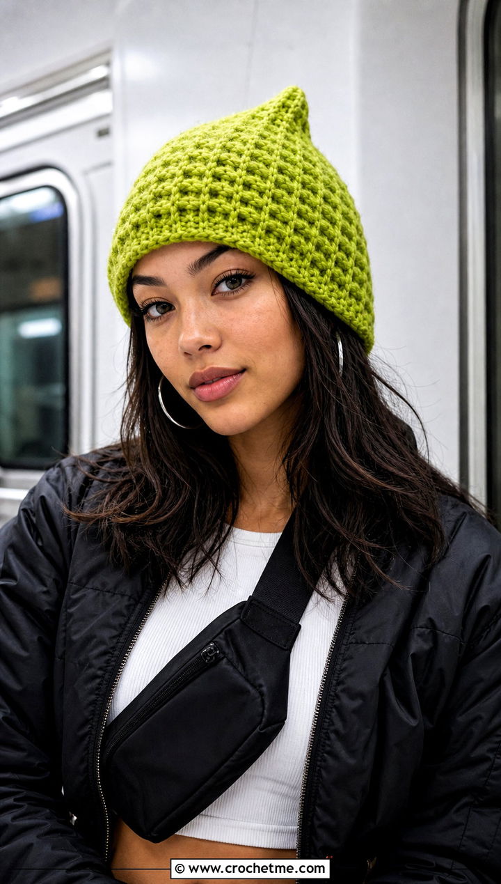 Waffle Stitch Crochet Stocking Hat With Cargo Pants - 25 easy crochet stocking hat outfit ideas