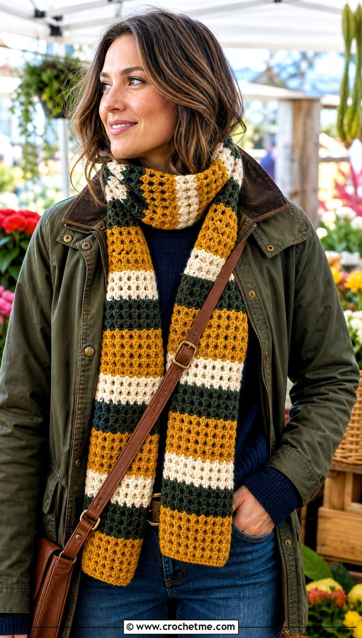 Waffle Stitch Crochet Striped Scarf With Barn Jacket - 25 crochet striped scarf outfit ideas