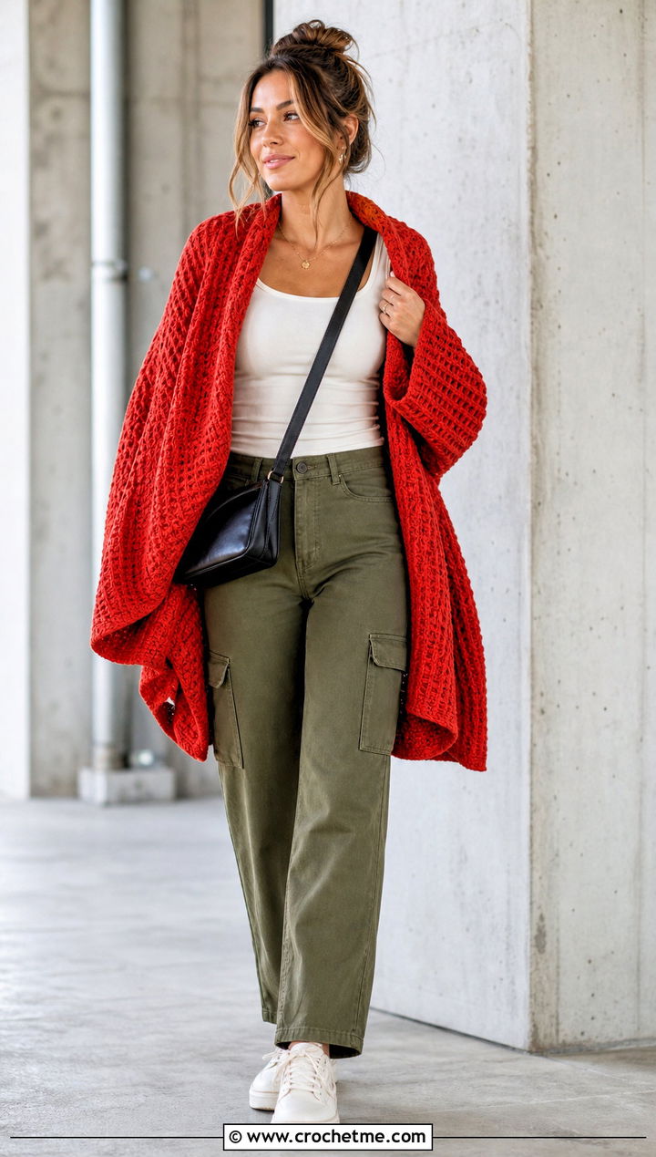 Waffle Stitch Crochet Sweater Blanket With Cargo Pants - 25 crochet sweater blanket outfit ideas