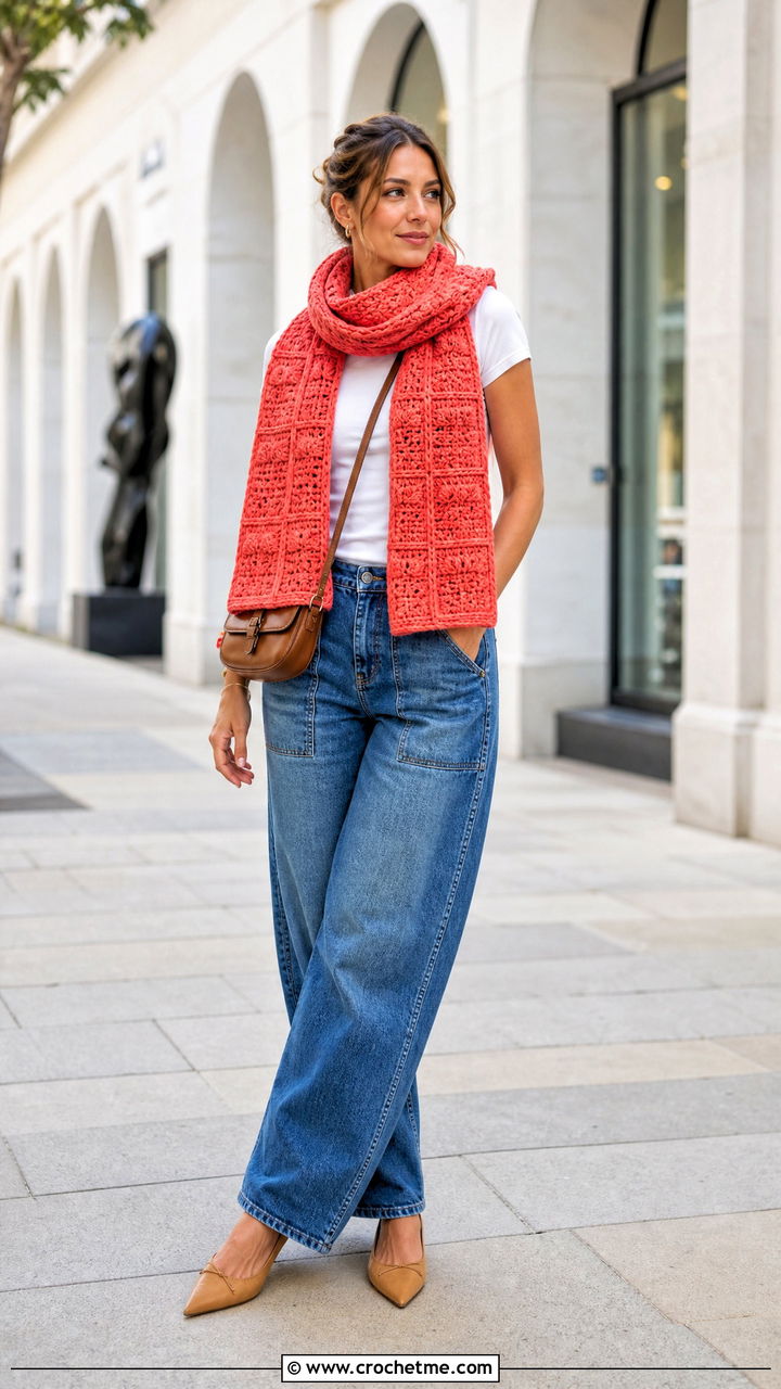 Waffle Stitch Crochet Sweater Scarf With Barrel Jeans - 35 crochet sweater scarf outfit ideas