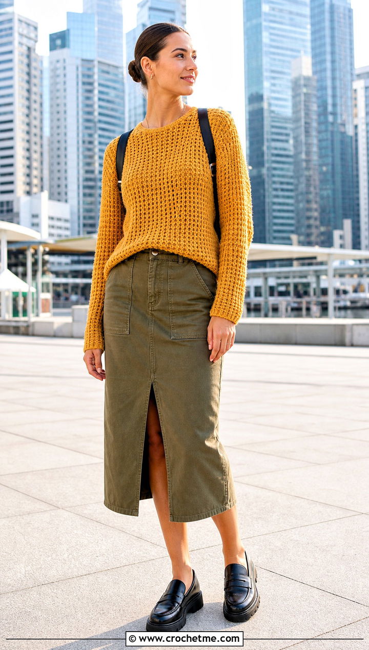 Waffle Stitch Crochet Sweater Top With Utility Skirt - 35 Crochet Top Sweater outfit ideas