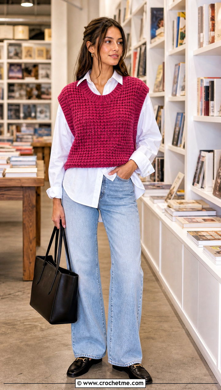 Waffle Stitch Crochet Sweater Vest With Poplin Shirt - 30 waffle stitch crochet sweater outfit ideas